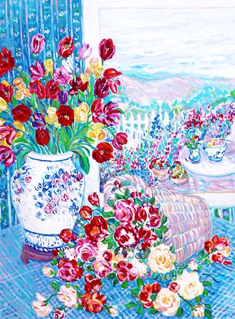 レスリー・セイヤーの絵画作品　タイトルは、フラワーバスケット　flowerbasket